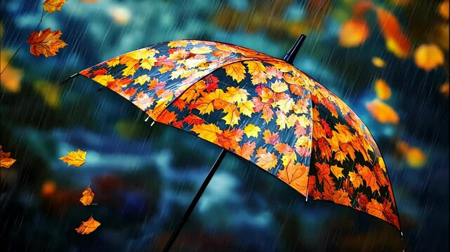 umbrella rain autumn leaves. Selective focus