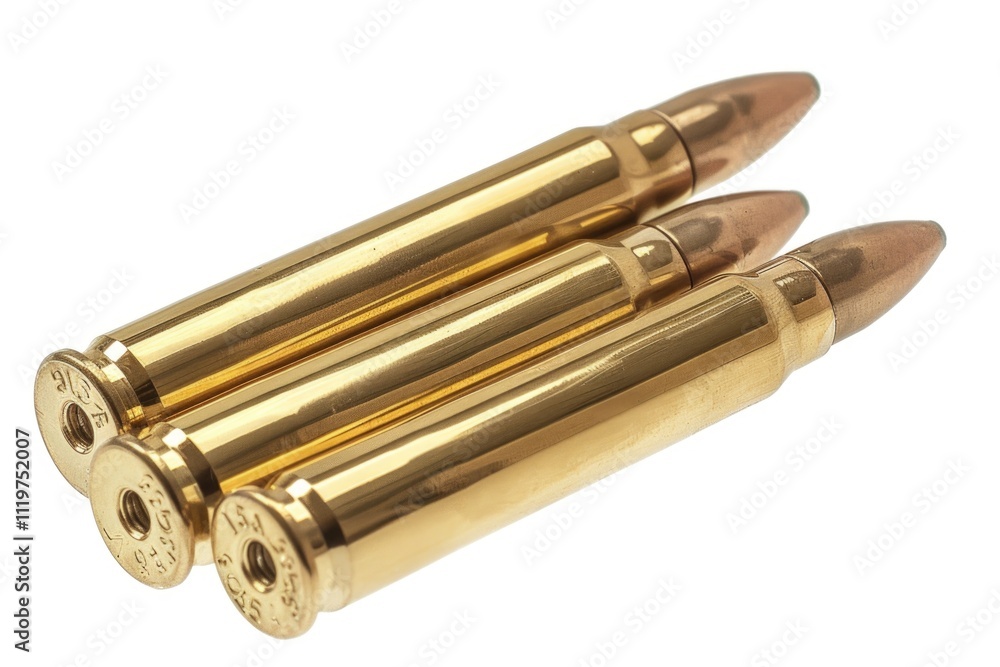Aufkleber close-up shot of three bullet shells on a white background, ideal for use in editorial or commercial