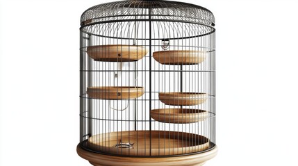 A unique birdcage design featuring multiple wooden perches. This artistic creation showcases elegance and functionality. Perfect for any bird lover or home décor. Generative AI