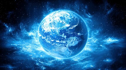 Stunning Earth View in Cosmic Space with Vibrant Blue Glow and Starry Background Under a Celestial Sky