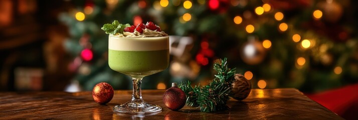 Festive Green Smoothie in Wine Glass. Non-alcoholic month. Dry January is public health campaign