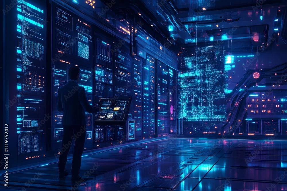 Aufkleber futuristic data center environment with a person interacting with digital displays and high-tech int