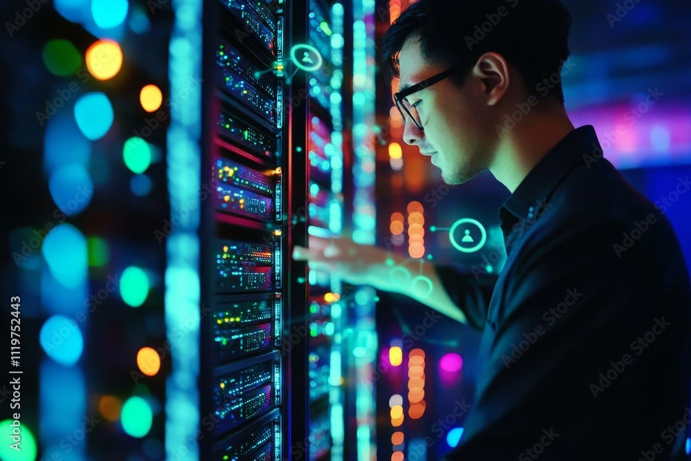 Aufkleber data center engineer managing server rack with colorful lights and digital icons representing networ