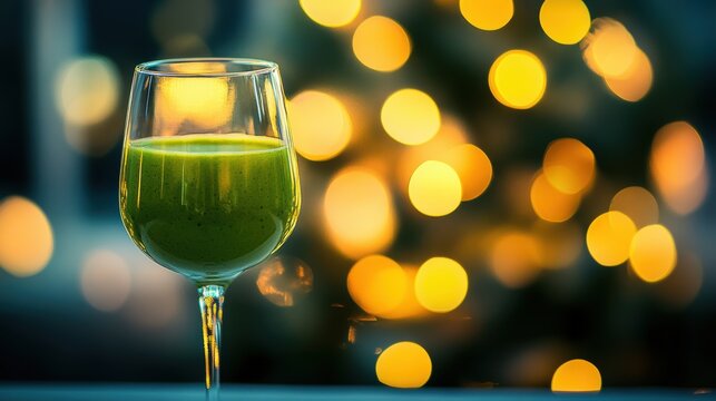 Festive Green Smoothie in Wine Glass. Non-alcoholic month. Dry January is public health campaign