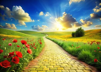 Enchanting Yellow Brick Road Through Lush Green Meadows Adorned with Vibrant Red Poppy Flowers in a Fantasy Summer Outdoor Setting with Ample Copy Space for Creative Use