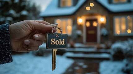 New homeowner celebrating purchase with keys in hand during snowy evening