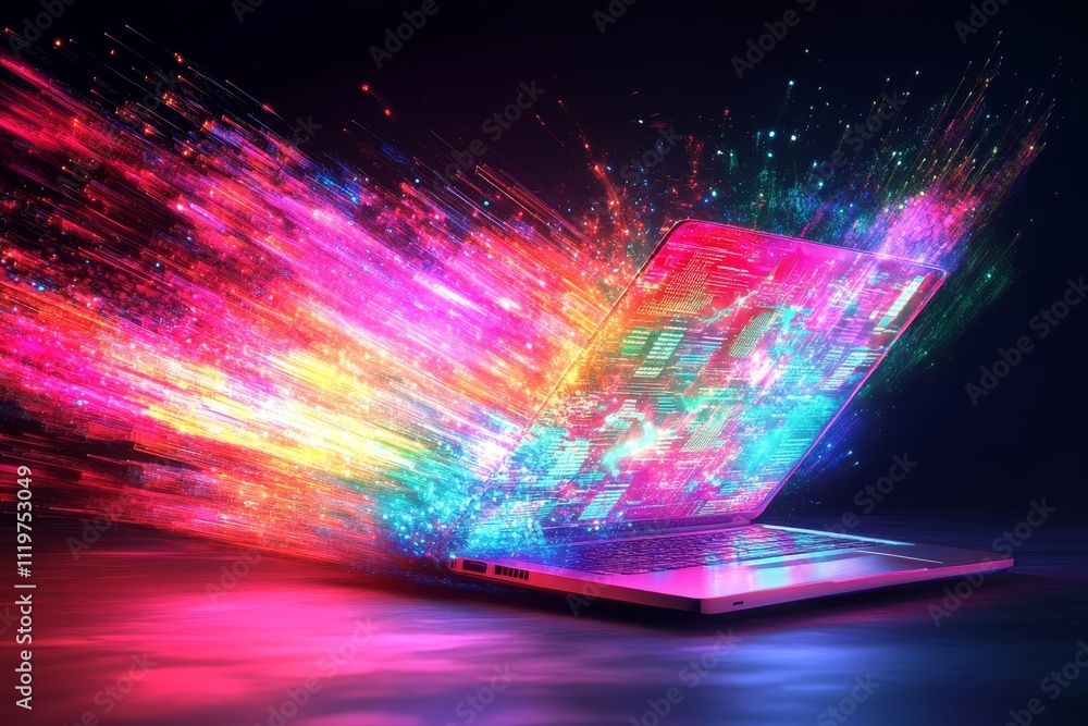 Poster dynamic explosion of colors from a laptop symbolizing creativity, innovation, and digital transforma