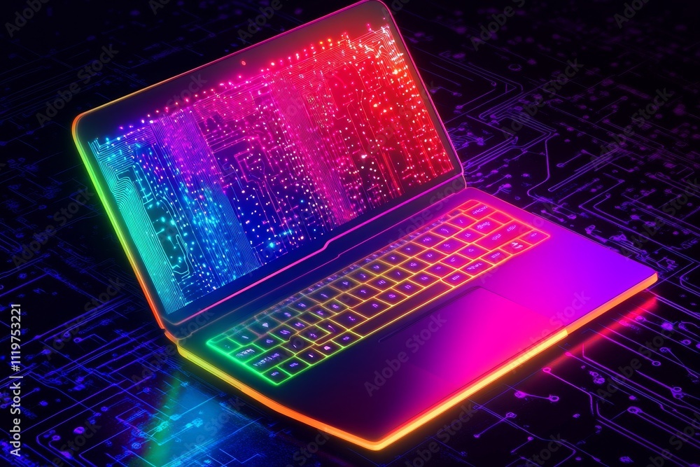 Poster vibrant laptop with abstract data visualization on colorful circuit board background, showcasing tec