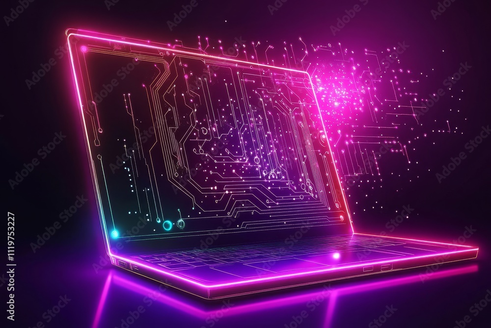 Aufkleber futuristic laptop design with neon circuit patterns and colorful sparks representing digital technol