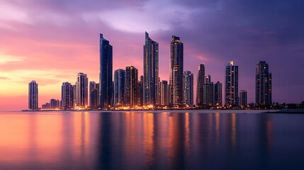 Fototapeta premium A city skyline at dusk, reflecting on calm water, showcasing modern architecture and vibrant colors.