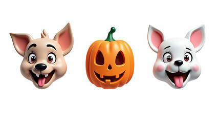 Fototapeta premium Cute Animal and Halloween Pumpkin Faces on Transparent Background for Design Overlays