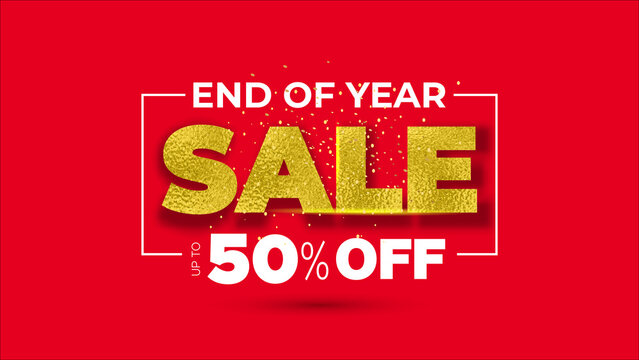 Promotional advertising- End of year sale 50% off, offer, deal, discount golden luxury logo on red background.