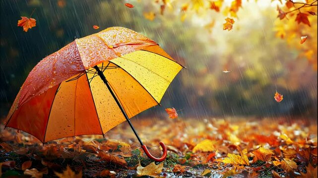 umbrella rain autumn leaves. Selective focus