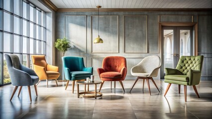 Fototapeta premium Five Stylish Chairs Featuring Unique Designs in a Modern Interior Setting with Elegant Lighting and Textures for Architectural Photography