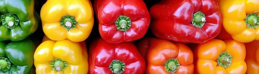 Fresh Colorful Bell Peppers Arranged Side by Side for Vibrant Market Display