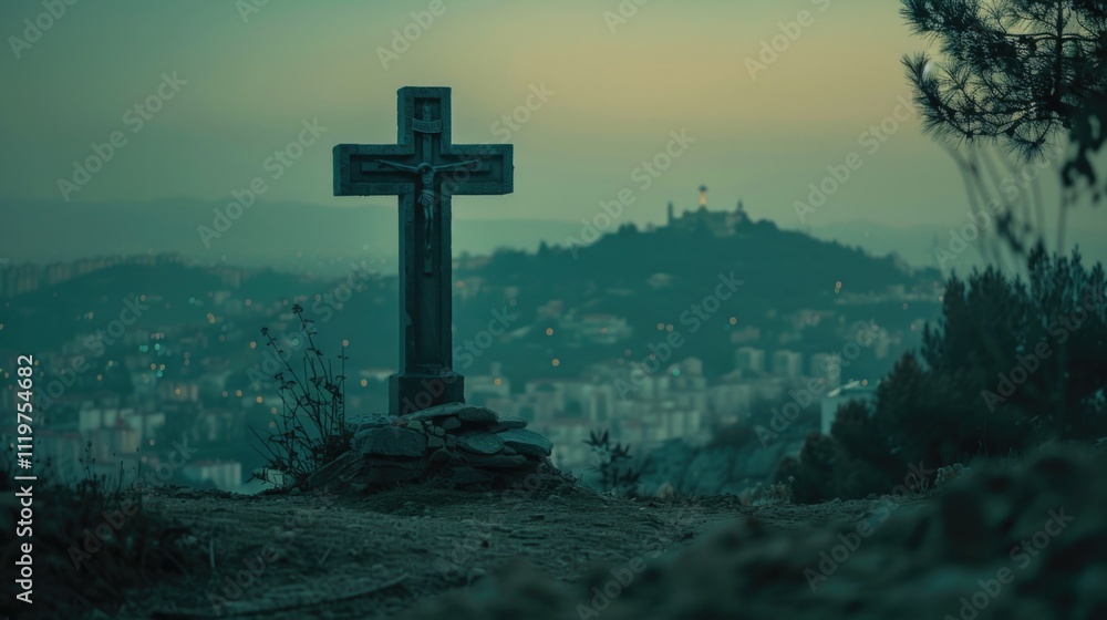 Poster aerial view of a city with a cross on a hill, suitable for use in travel or architecture images