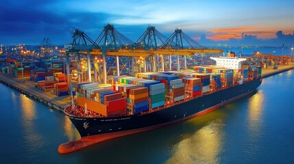 Obraz premium Container ship in import export and business logistic,By crane , Trade Port, Shipping, cargo to harbor, Aerial view, Water transport, International, Shell Marine, Top view, At night 