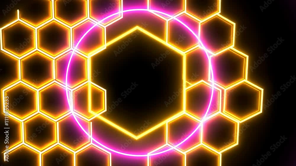 Poster vibrant circular neon patterns with hexagon design in glowing colors