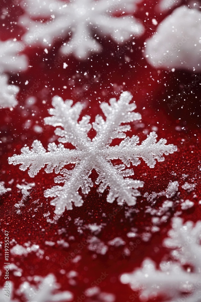 Poster a close-up shot of a single snowflake sitting on a vibrant red surface