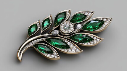 Stunning Emerald and Silver Leaf Brooch with Sparkling Gemstone Accents