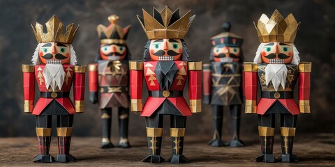 Obraz premium Colorful wooden nutcrackers stand proudly, showcasing traditional craftsmanship in a festive atmosphere during holiday season displays