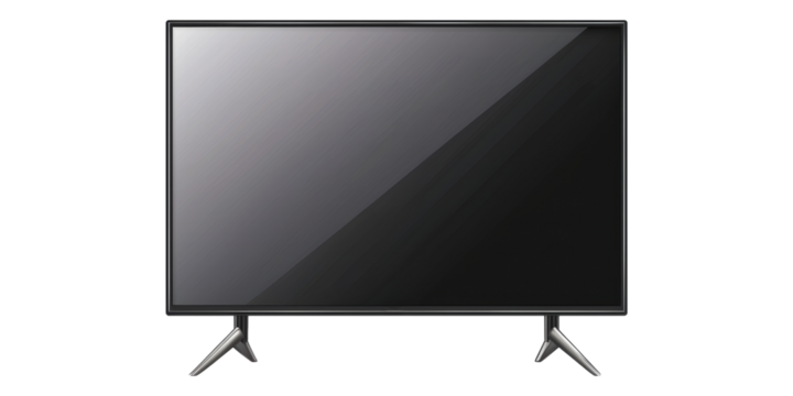 Flat screen television with metal stands isolated on transparent background