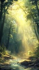 Obraz premium Sunlit Forest Path Creek Scene Tranquil Nature