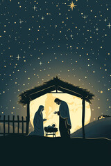 Fototapeta premium Joseph, Mary and Baby Jesus in the crib, nativity scene in the Bethlehem, beautiful art. Christmas holidays greeting card with Holy family. 