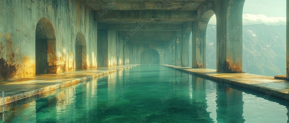 Poster  serene, abandoned structure with a reflective pool and mountainous backdrop.