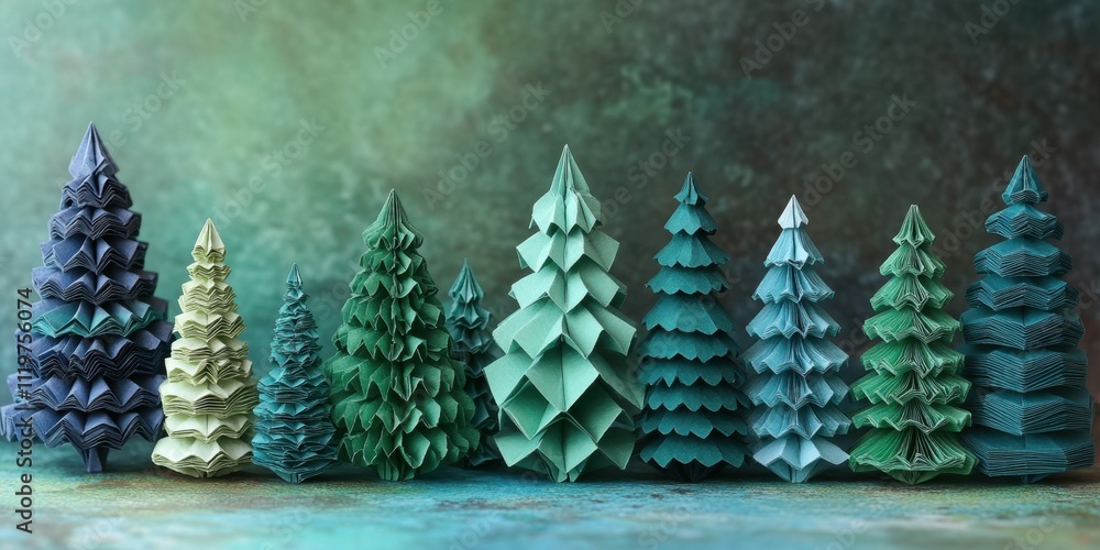 Poster colorful origami trees arranged in a stunning gradient display on a textured background