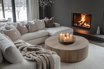 Cozy modern living room gray walls large white sectional sofa