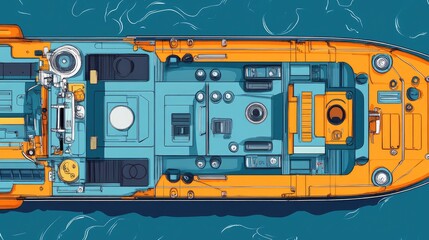 Fototapeta premium container vessel flat design top view ocean transportation theme cartoon drawing Complementary Color Scheme.