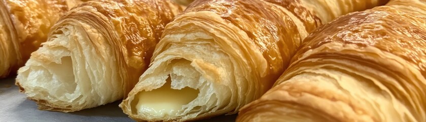 Flaky croissants with a golden crust, showcasing their buttery layers and delicious filling.