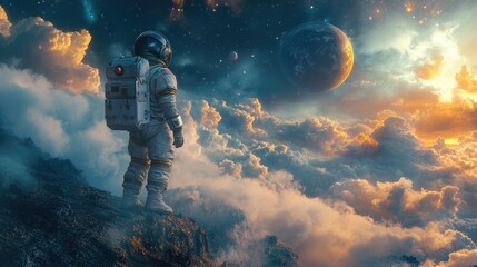 Astronaut stands at the summit, looking out into the distance