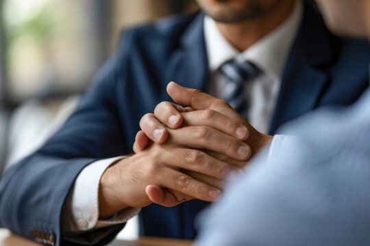 A business professional holds his hands together in a thoughtful pose, suitable for use in scenes related to work or education