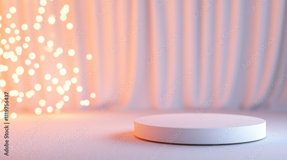 Poster a white spherical object sits on a white surface with soft lights in the background, creating a warm
