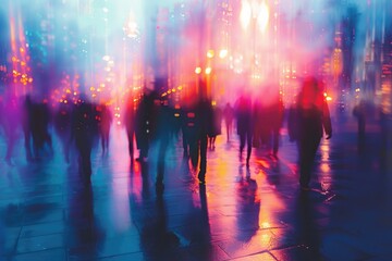 A blurred image of pedestrians moving along a urban road, great for depicting busy city life or traffic scenes