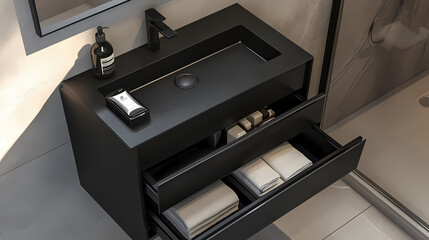 Contemporary luxury washbasin with matte black finish and integrated storage