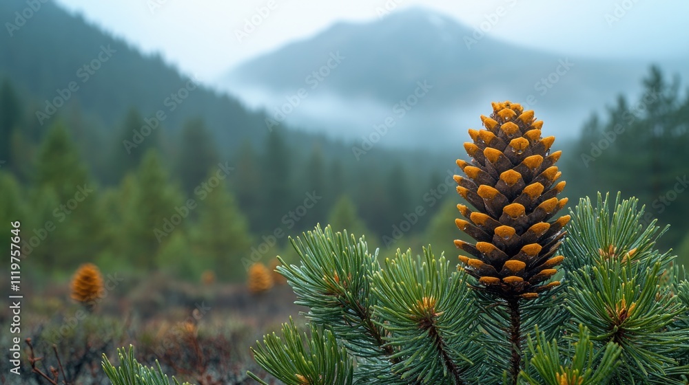 Poster a close-up shot of a pine tree with a mountain visible in the background