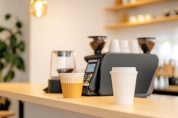 Modern coffee shop counter with disposable cups and coffee machines