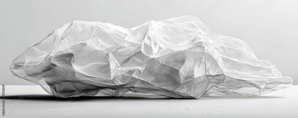 Poster abstract white crumpled geometric shape with fine lines and intricate facets on a light background