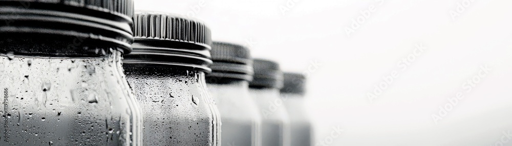 Poster close-up of frosted glass jars with lids on a soft white background for minimalist product display