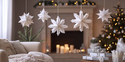 Obraz premium Festive winter decorations enhance cozy living room ambiance during holiday celebrations