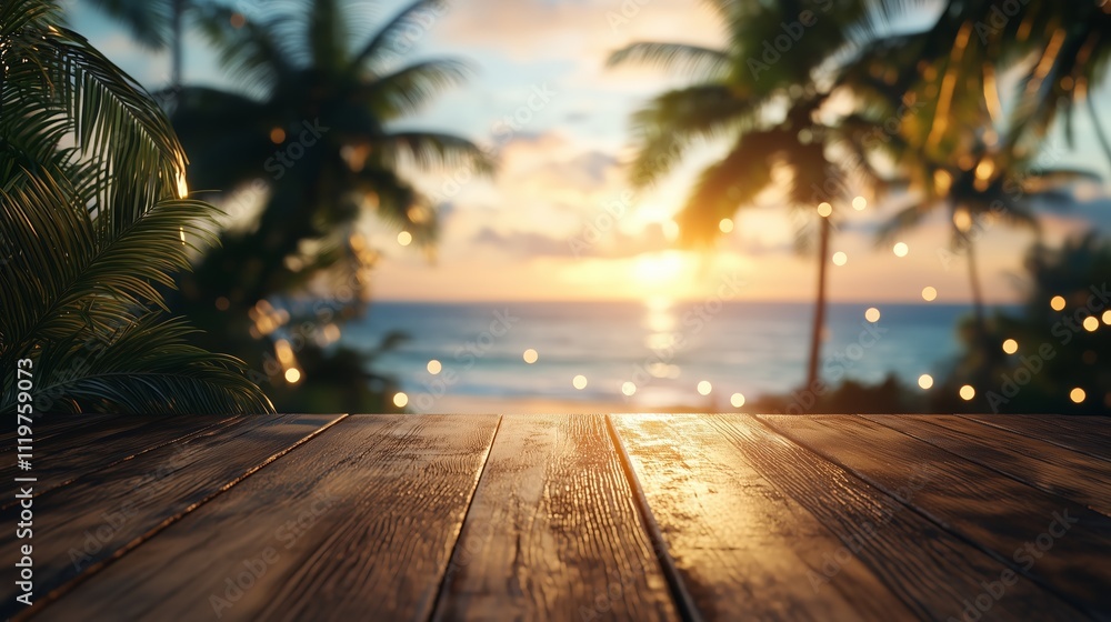 Poster beautiful beach scene with a wooden table in the foreground. the table is empty and the ocean is vis