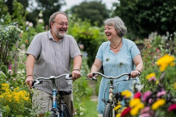 Obraz premium Happy Older Couple Riding Bicycles Through Colorful Garden Pathway Surrounded by Flowers, Enjoying Leisurely Summer Day Together in Nature