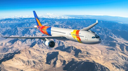 Fototapeta premium A commercial airplane flying over a mountainous landscape under a clear blue sky.