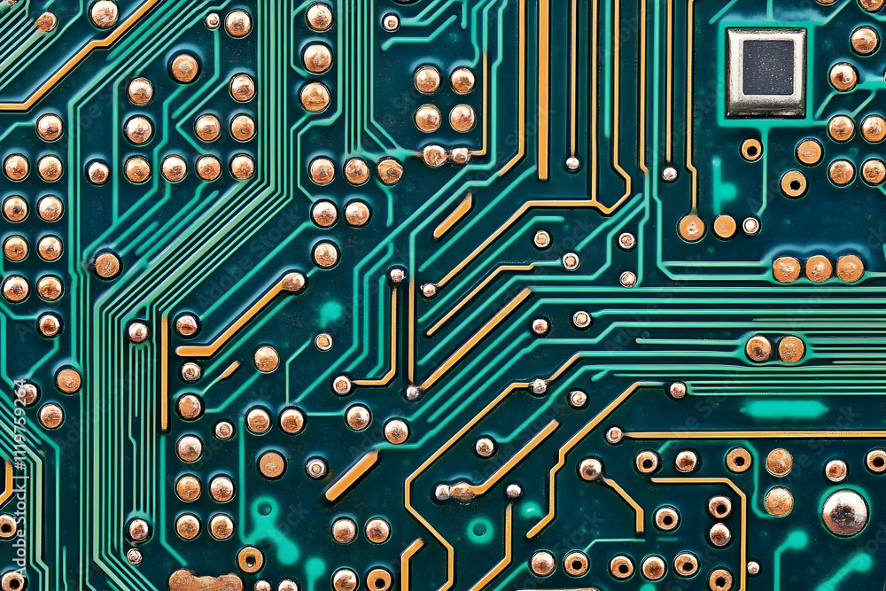 Poster close-up of a circuit board's intricate design, showcasing its complex network of pathways and conne