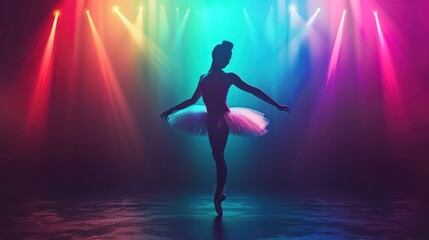 Silhouette of woman from ballerina solo performance in tutu dress in theater, AI generated image