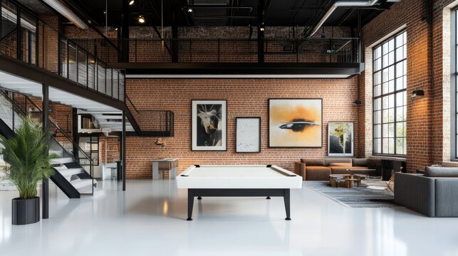 Modern loft apartment interior with pool table, brick wall, and large windows.