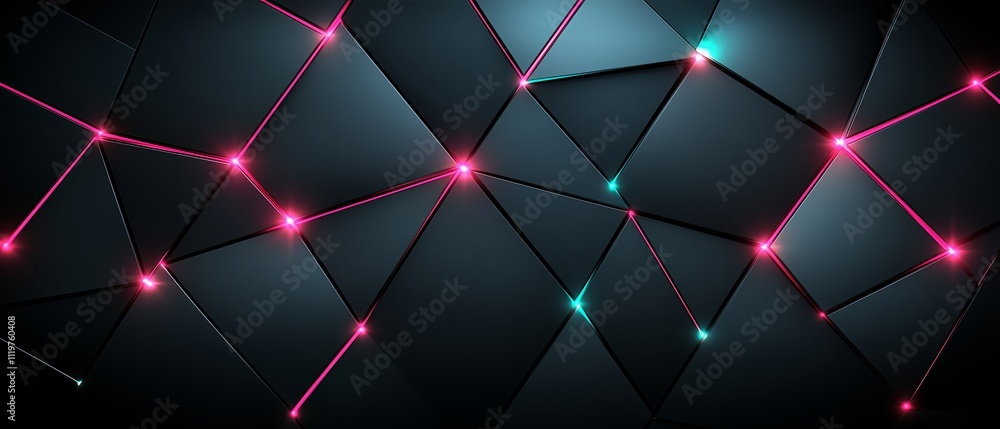 Poster black and purple background with a pattern of triangles and squares. the squares are lit up with pin